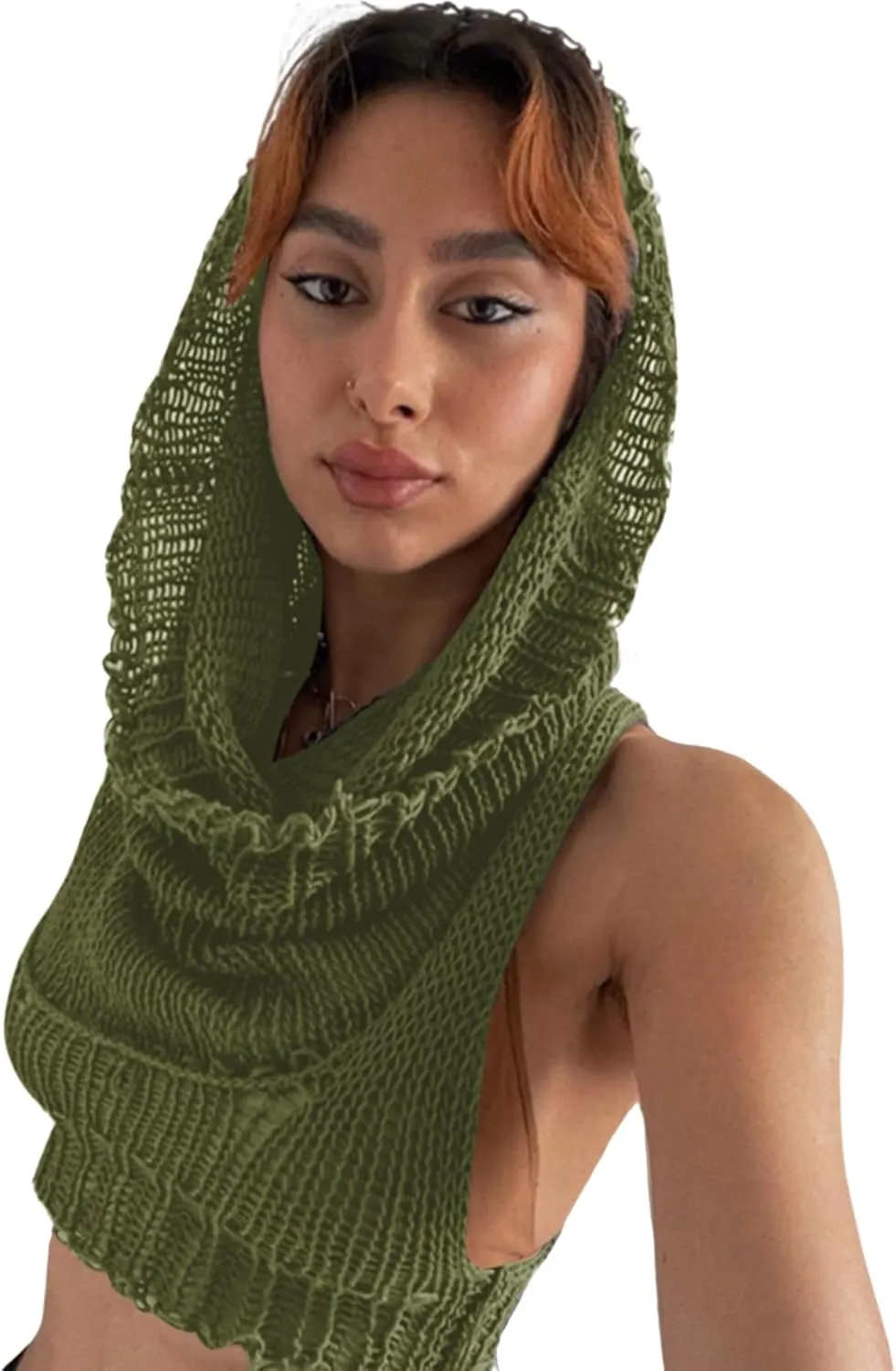 Women's Knitted Hoodie Sweater Vest Sexy Sleeveless Hollow Out Hooded Crop Top Draped Sweatshirt Streetwear