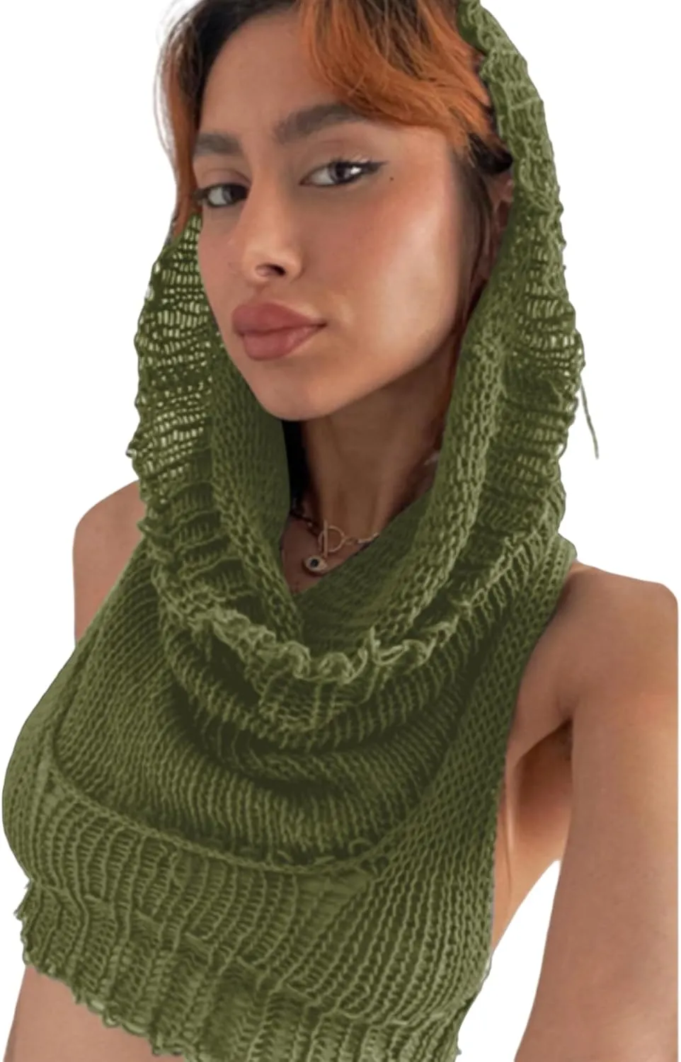 Women's Knitted Hoodie Sweater Vest Sexy Sleeveless Hollow Out Hooded Crop Top Draped Sweatshirt Streetwear
