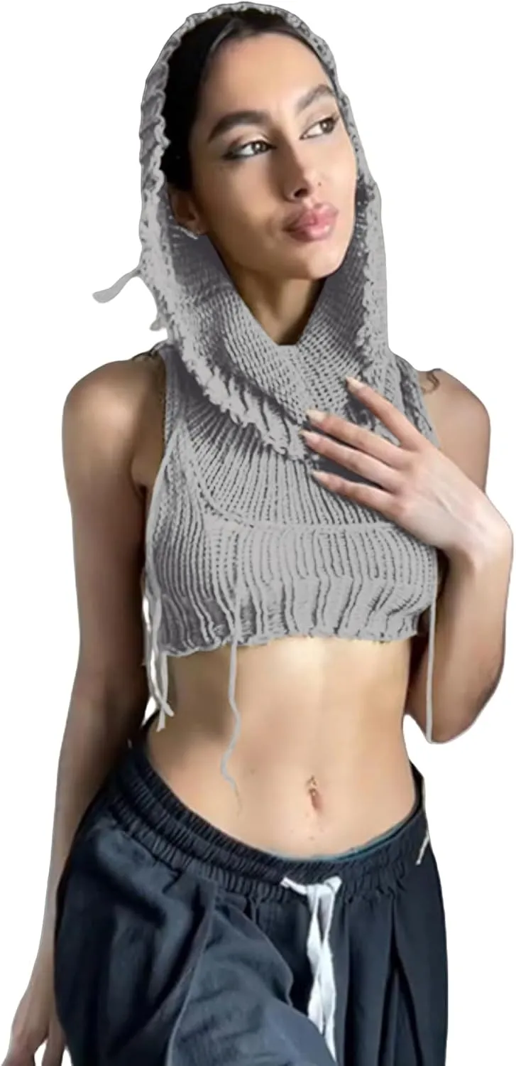 Women's Knitted Hoodie Sweater Vest Sexy Sleeveless Hollow Out Hooded Crop Top Draped Sweatshirt Streetwear