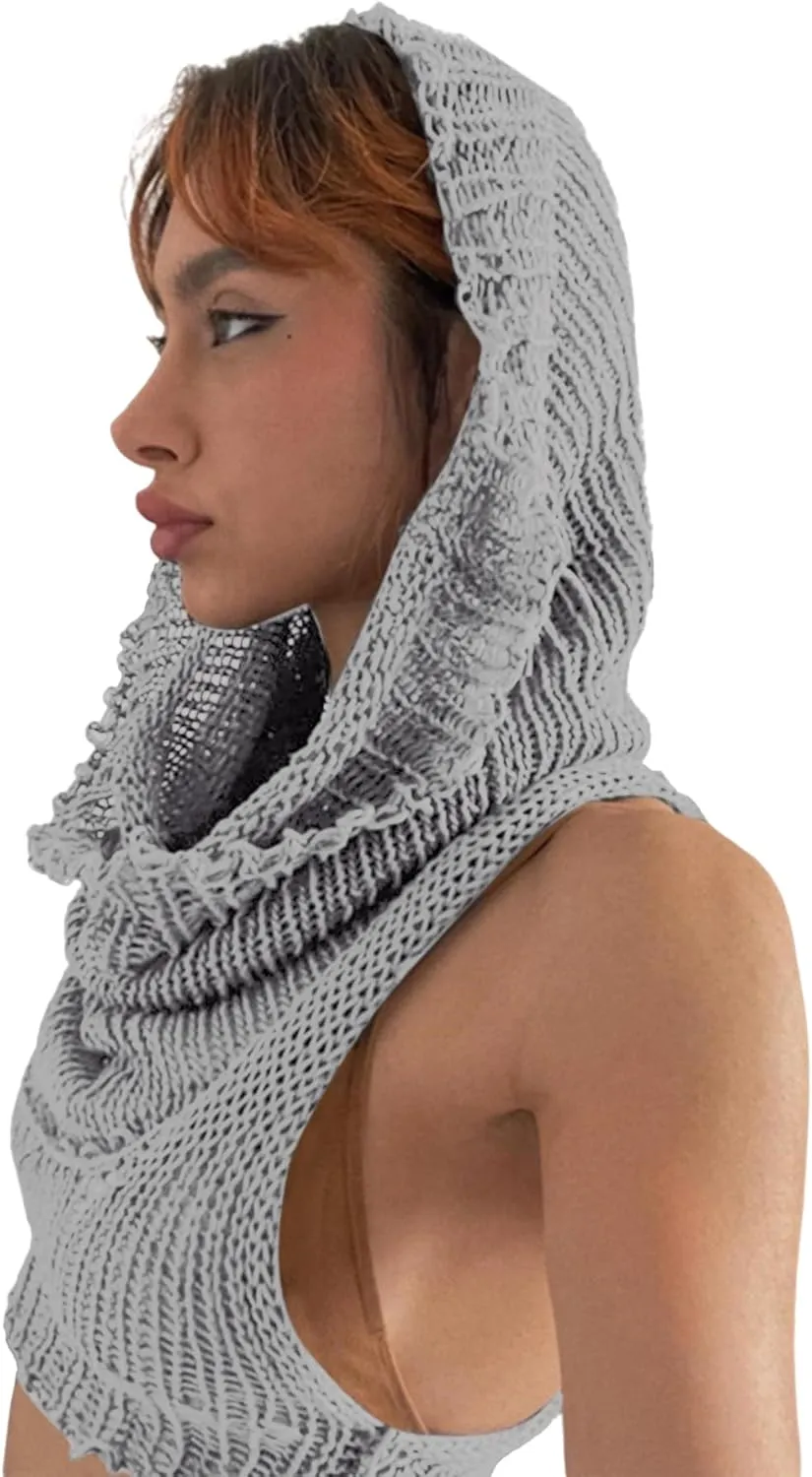 Women's Knitted Hoodie Sweater Vest Sexy Sleeveless Hollow Out Hooded Crop Top Draped Sweatshirt Streetwear