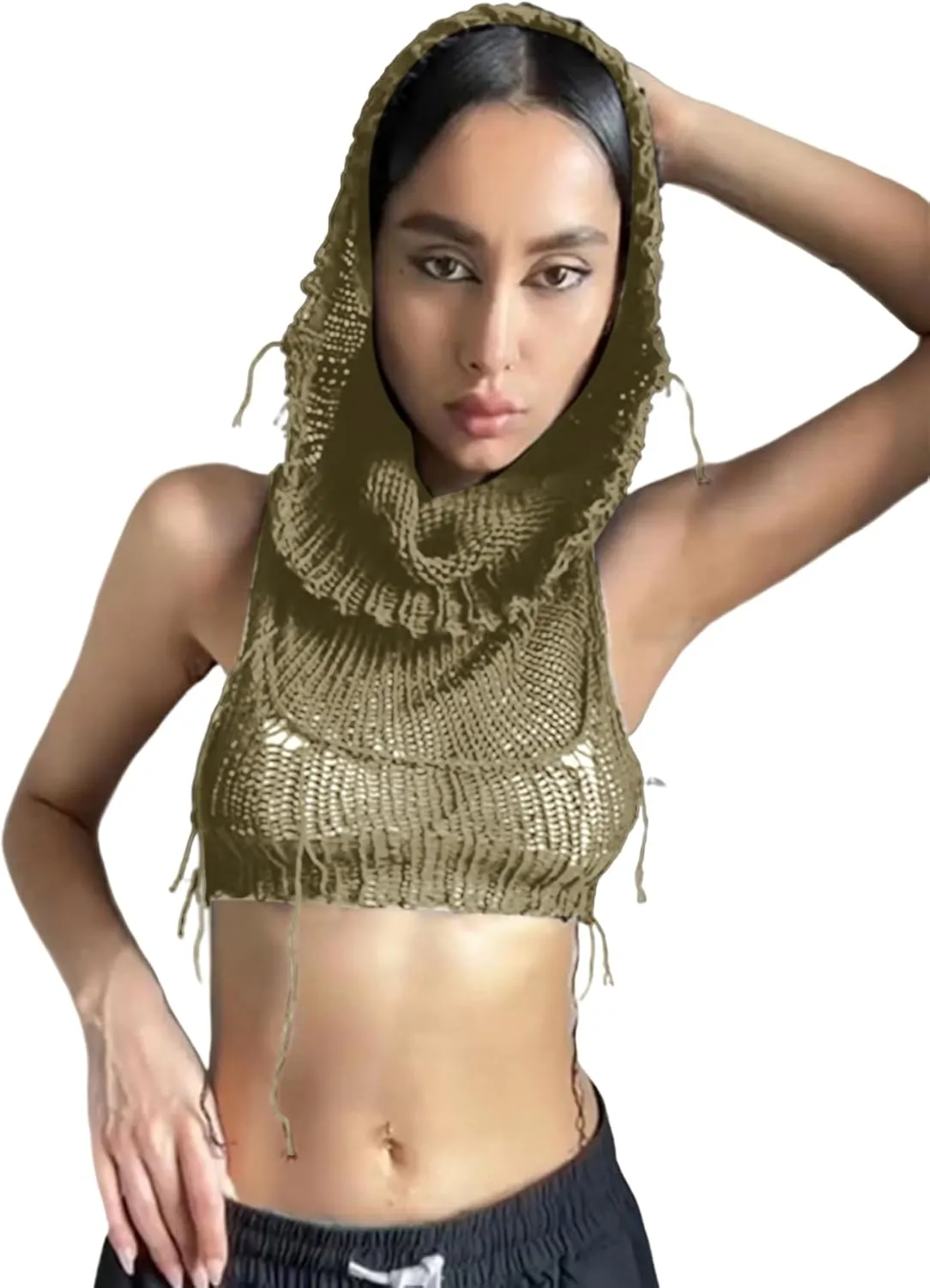 Women's Knitted Hoodie Sweater Vest Sexy Sleeveless Hollow Out Hooded Crop Top Draped Sweatshirt Streetwear