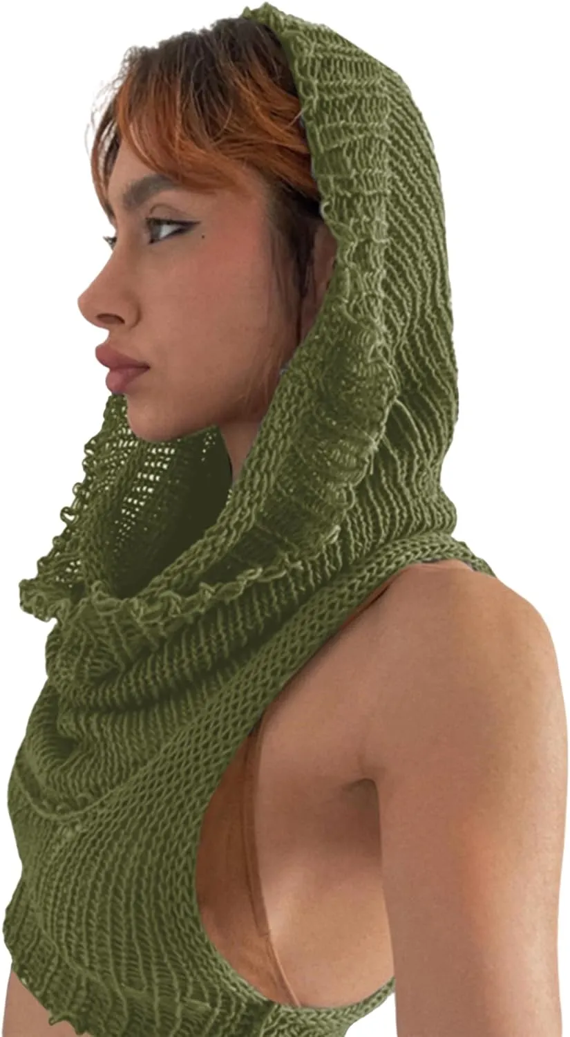 Women's Knitted Hoodie Sweater Vest Sexy Sleeveless Hollow Out Hooded Crop Top Draped Sweatshirt Streetwear