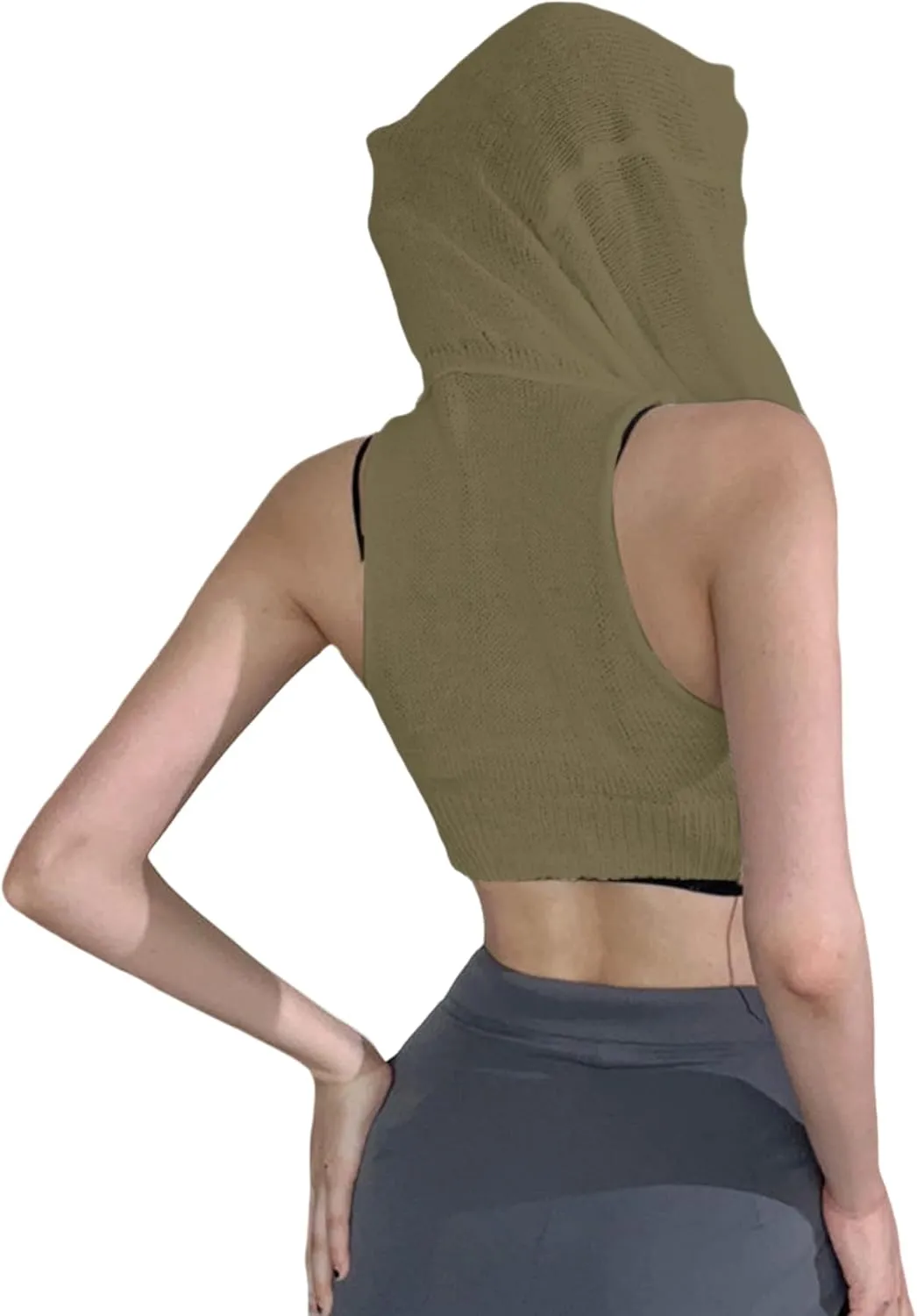 Women's Knitted Hoodie Sweater Vest Sexy Sleeveless Hollow Out Hooded Crop Top Draped Sweatshirt Streetwear