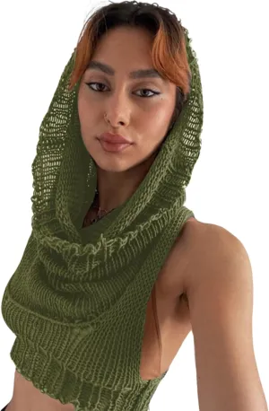 Women's Knitted Hoodie Sweater Vest Sexy Sleeveless Hollow Out Hooded Crop Top Draped Sweatshirt Streetwear