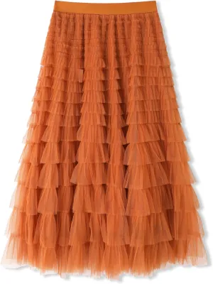 Womens Layered Ruffles Tulle Skirt Pleated High Waist Fluffy Maxi Skirt Fairy Cake Dress Long Tutu Party Skirt