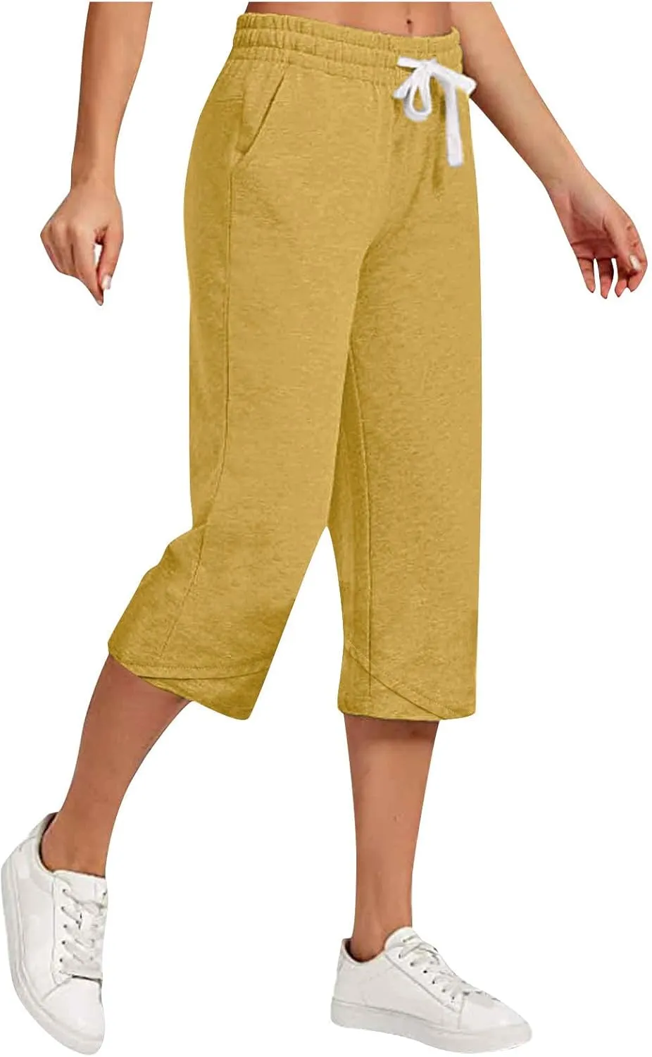 Women's Linen Capris Drawstring Knee High Loose Fitting Cropped Trouser Straight Wide Leg Pocketed Pant Casual 2025