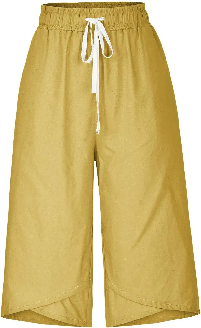 Women's Linen Capris Drawstring Knee High Loose Fitting Cropped Trouser Straight Wide Leg Pocketed Pant Casual 2025