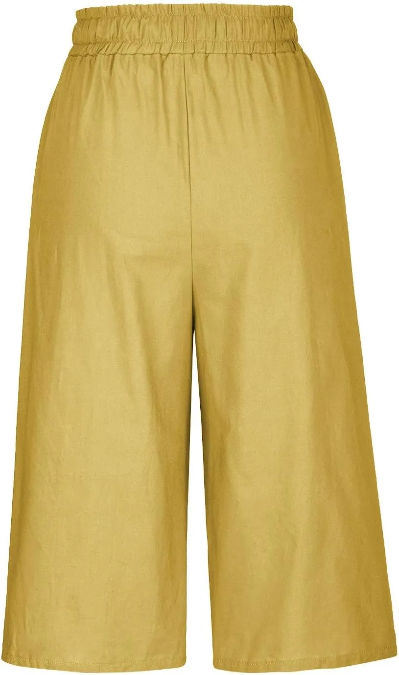 Women's Linen Capris Drawstring Knee High Loose Fitting Cropped Trouser Straight Wide Leg Pocketed Pant Casual 2025
