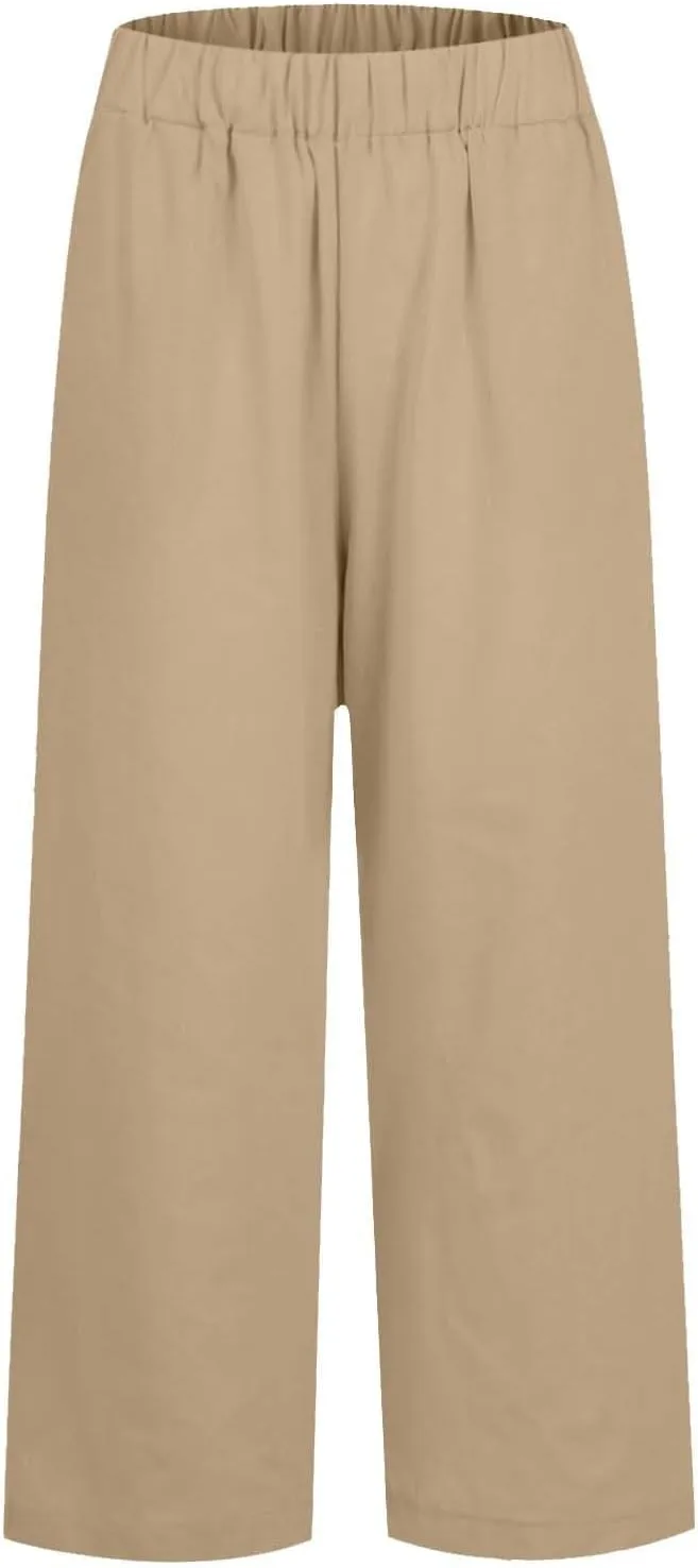 Womens Linen Cropped Pants High Waisted Summer Beach Pants Elastic Waist Tapered Pants Casual Ankle Length Trousers