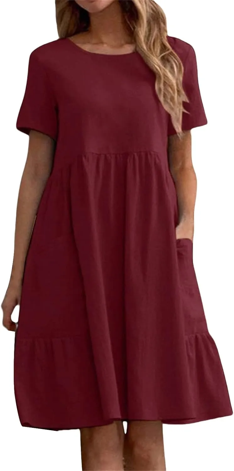 Womens Linen Dress Summer Crewneck Short Sleeve Dress Casual Loose Fit T Shirt Dresses Midi Dresses with Pocket 2025