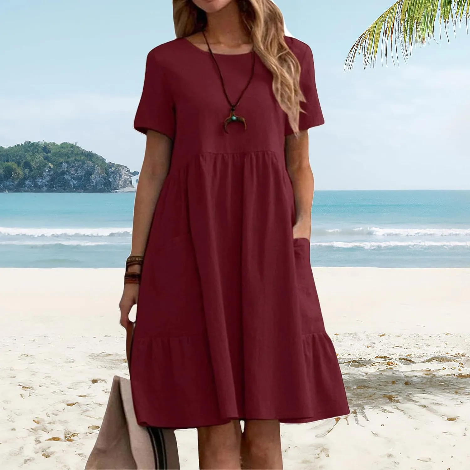 Womens Linen Dress Summer Crewneck Short Sleeve Dress Casual Loose Fit T Shirt Dresses Midi Dresses with Pocket 2025