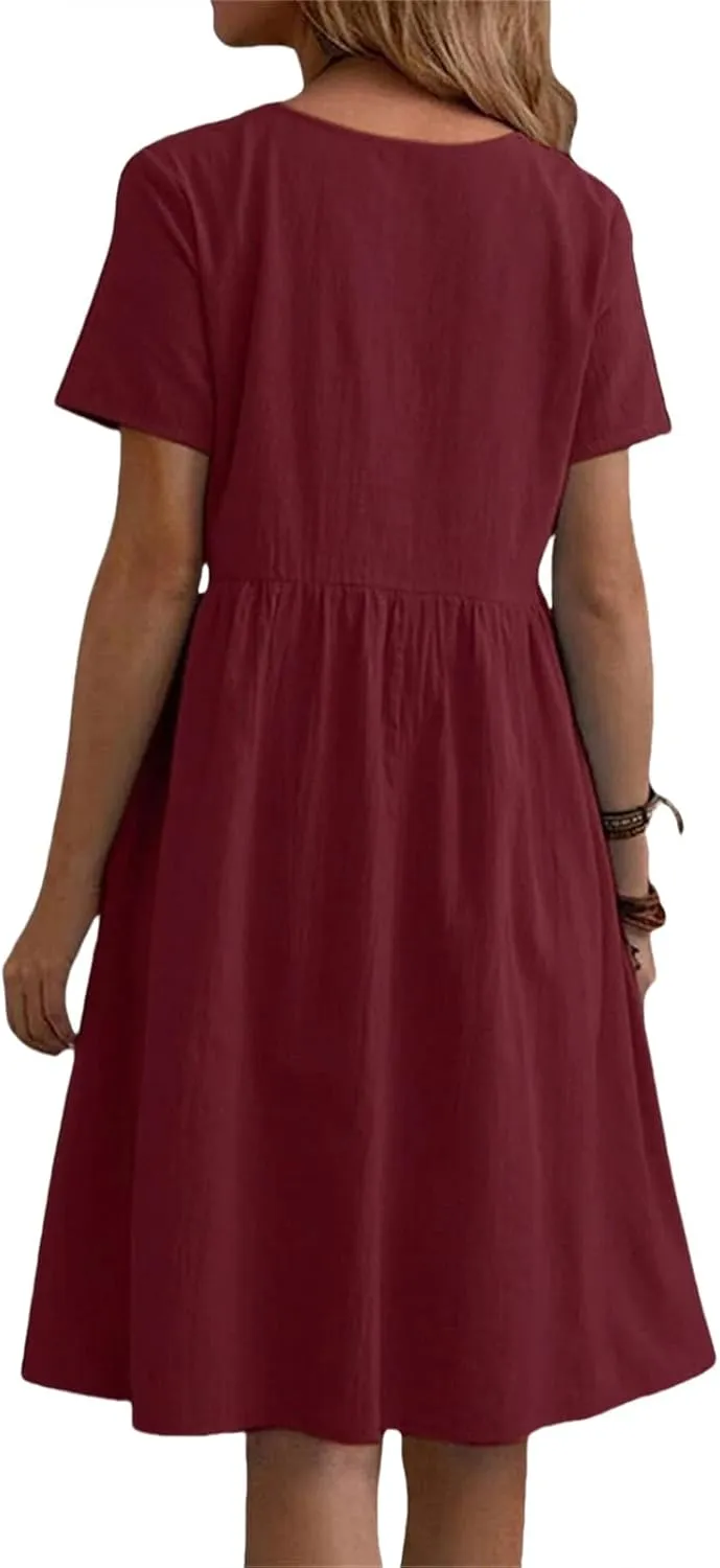 Womens Linen Dress Summer Crewneck Short Sleeve Dress Casual Loose Fit T Shirt Dresses Midi Dresses with Pocket 2025