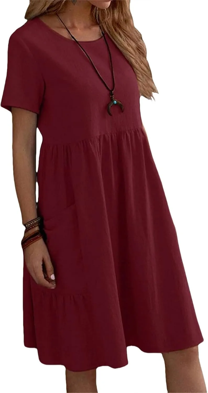 Womens Linen Dress Summer Crewneck Short Sleeve Dress Casual Loose Fit T Shirt Dresses Midi Dresses with Pocket 2025