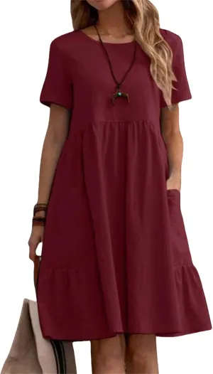 Womens Linen Dress Summer Crewneck Short Sleeve Dress Casual Loose Fit T Shirt Dresses Midi Dresses with Pocket 2025