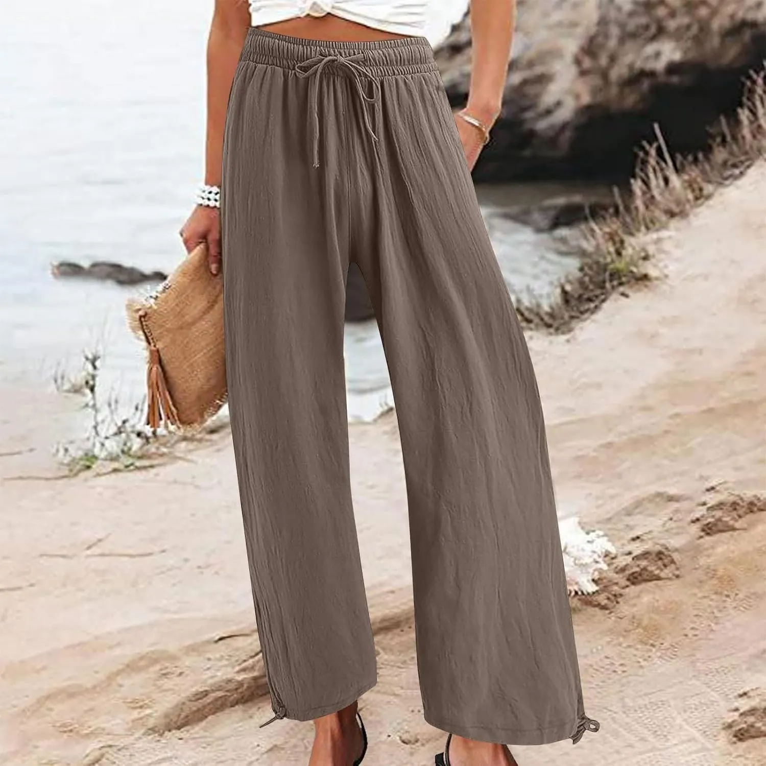 Women's Linen Palazzo Pants Drawstring Summer Wide Leg High Waist Casual Lounge Pant 2025 Beach Vacation Trousers