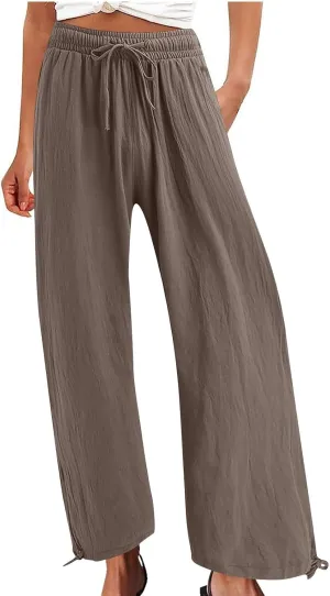 Women's Linen Palazzo Pants Drawstring Summer Wide Leg High Waist Casual Lounge Pant 2025 Beach Vacation Trousers