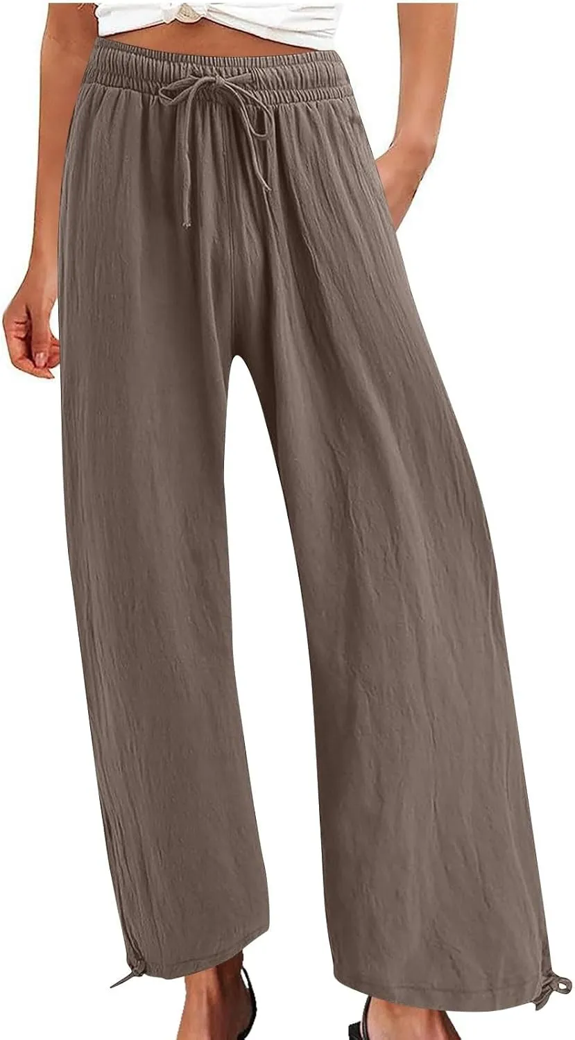 Women's Linen Palazzo Pants Drawstring Summer Wide Leg High Waist Casual Lounge Pant 2025 Beach Vacation Trousers