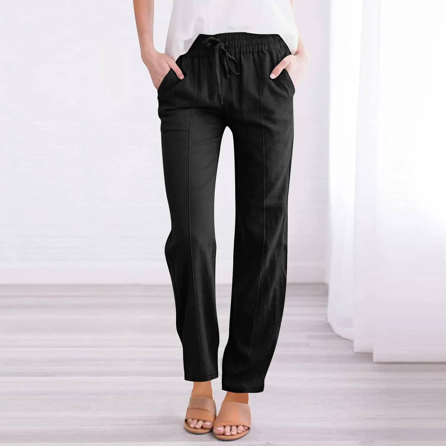 Womens Linen Pants 2025 Summer High Waisted Pants Drawstring Lounge Trousers Beach Straight Wide Leg Palazzo Joggers