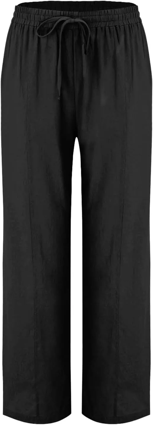 Womens Linen Pants 2025 Summer High Waisted Pants Drawstring Lounge Trousers Beach Straight Wide Leg Palazzo Joggers