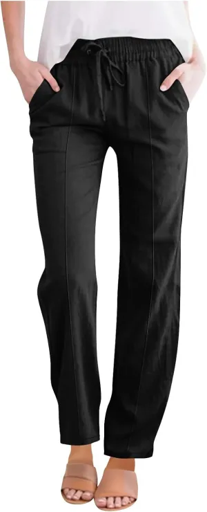 Womens Linen Pants 2025 Summer High Waisted Pants Drawstring Lounge Trousers Beach Straight Wide Leg Palazzo Joggers