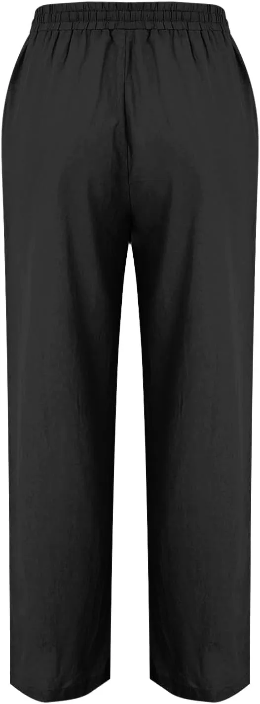 Womens Linen Pants 2025 Summer High Waisted Pants Drawstring Lounge Trousers Beach Straight Wide Leg Palazzo Joggers