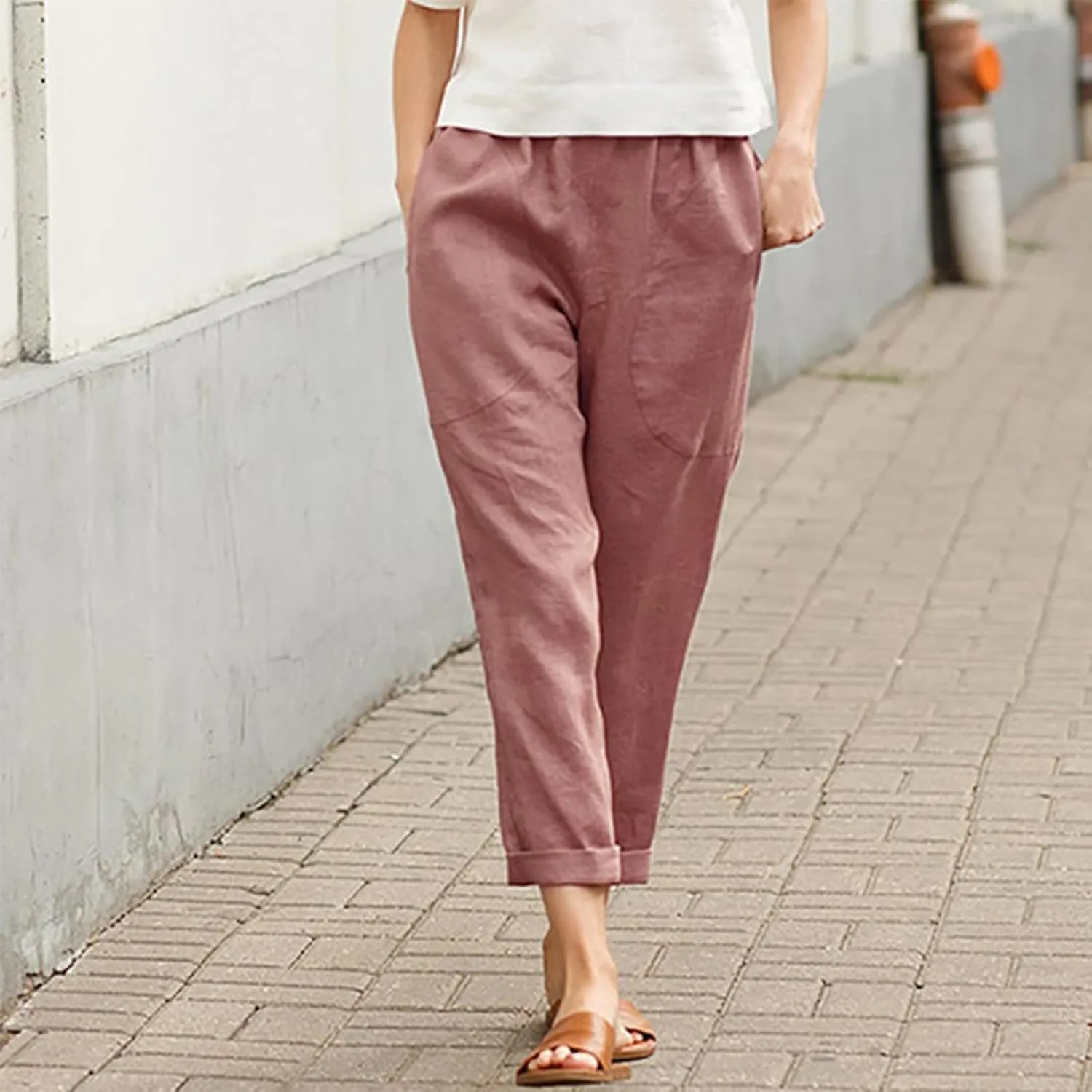 Women's Linen Summer Y2K Streetwear Pants High Waist Baggy Stretchy Loose Fit Pants Trendy