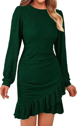 Women's Long Puff Sleeve Ruched Bodycon Mini Short Dress Fall Ruffle Fitted Cocktail Spring Dresses