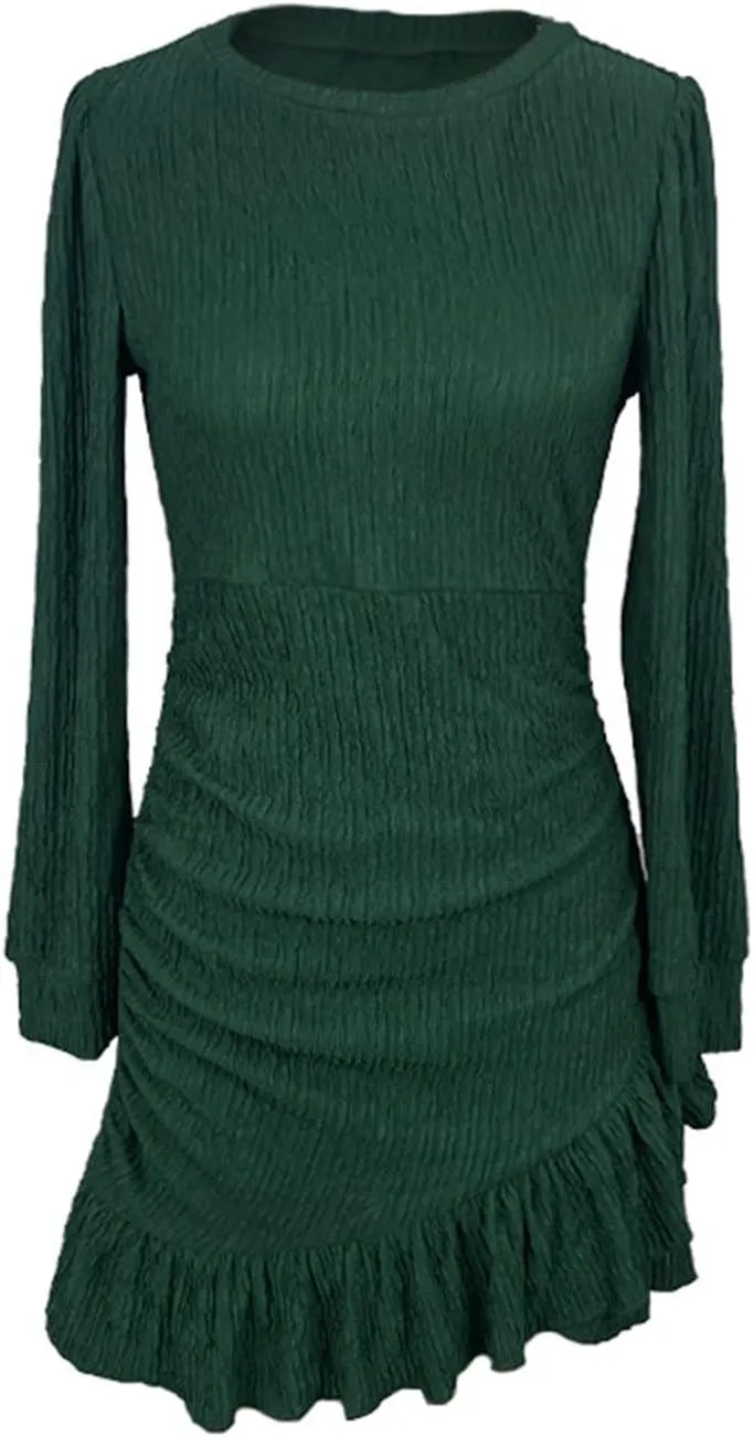 Women's Long Puff Sleeve Ruched Bodycon Mini Short Dress Fall Ruffle Fitted Cocktail Spring Dresses