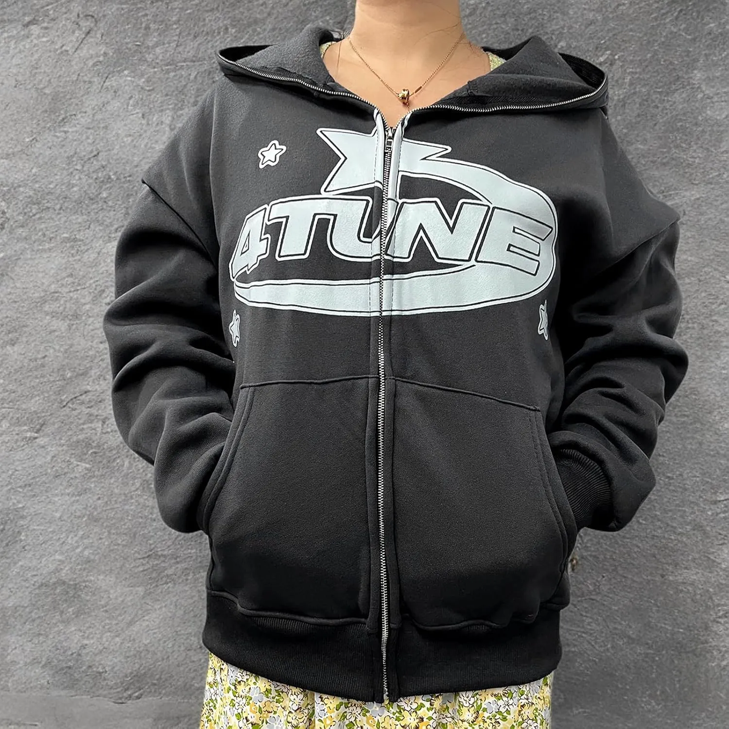 Womens Long Sleeve Zip Up Star Graphic Hoodies Jacket Aesthetic Harajuku Oversized Sweater Y2k Streetwear
