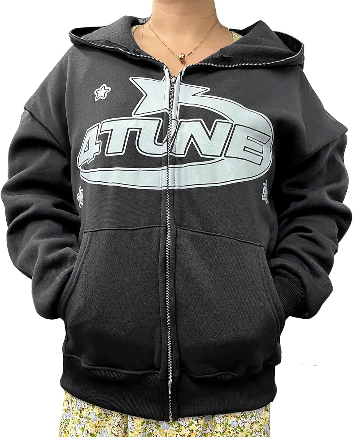 Womens Long Sleeve Zip Up Star Graphic Hoodies Jacket Aesthetic Harajuku Oversized Sweater Y2k Streetwear