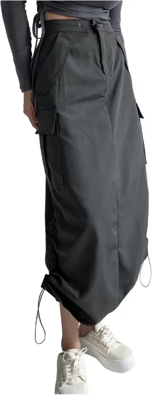 Women's Loose Casual Quick Drying Pleated Drawcord Work Suit Split Skirt High Split Skirt Pleated Midi Skirt (A-Grey, M)