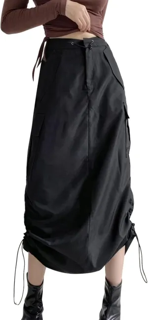 Women's Loose Casual Quick Drying Pleated Drawcord Work Suit Split Skirt Summer Midi Plus Size Skirts for (Black-B, M)