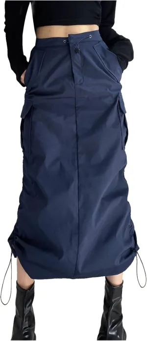 Women's Loose Casual Quick Drying Pleated Drawcord Work Suit Split Skirt Summer Midi Plus Size Skirts for (Navy-B, S)