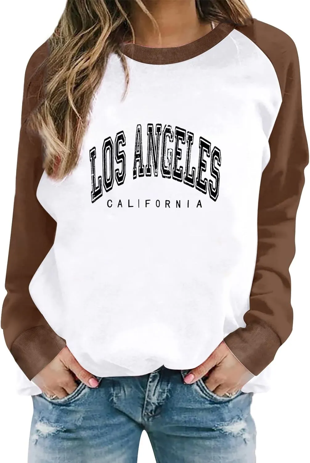 Women's Los Angeles Print Sweatshirts Letter Solid Color Crew Neck Women's Sweatshirts California Round Neck Clothes