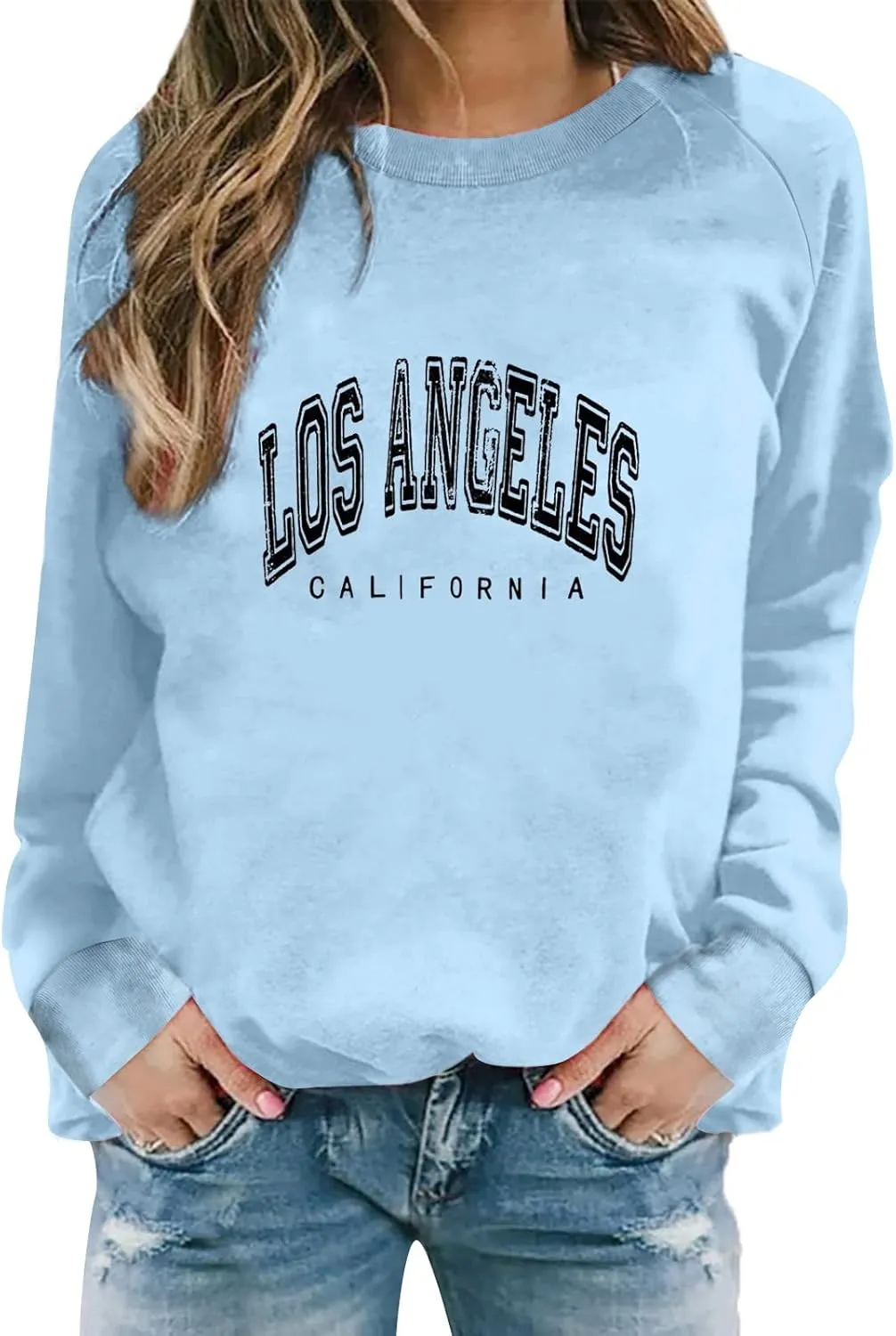 Women's Los Angeles Print Sweatshirts Letter Solid Color Crew Neck Women's Sweatshirts California Round Neck Clothes