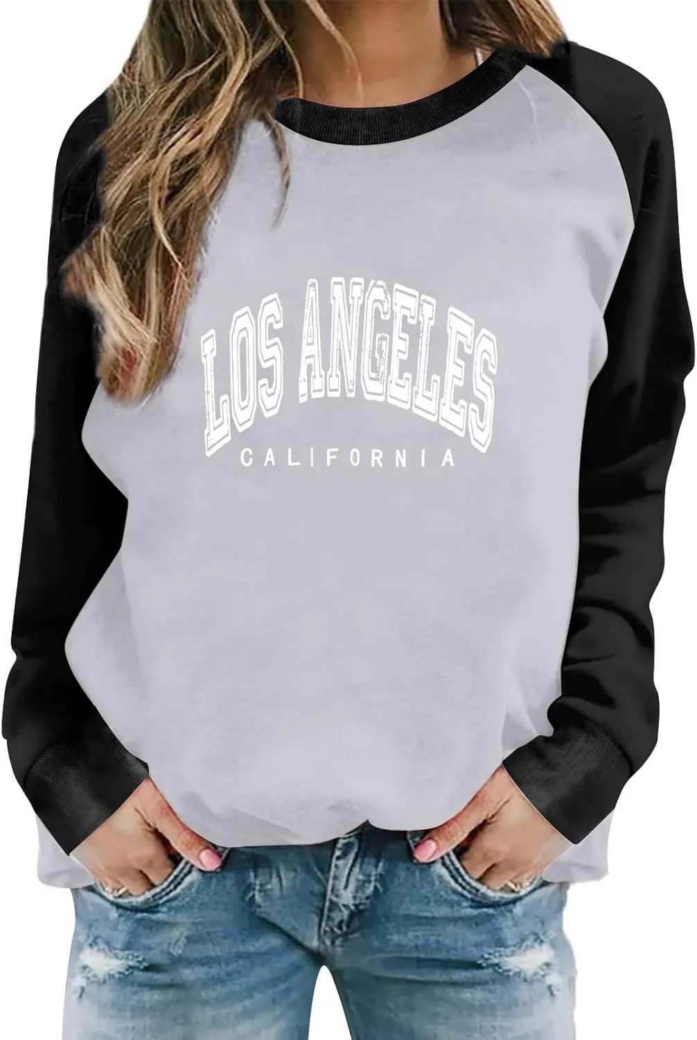Women's Los Angeles Print Sweatshirts Letter Solid Color Crew Neck Women's Sweatshirts California Round Neck Clothes
