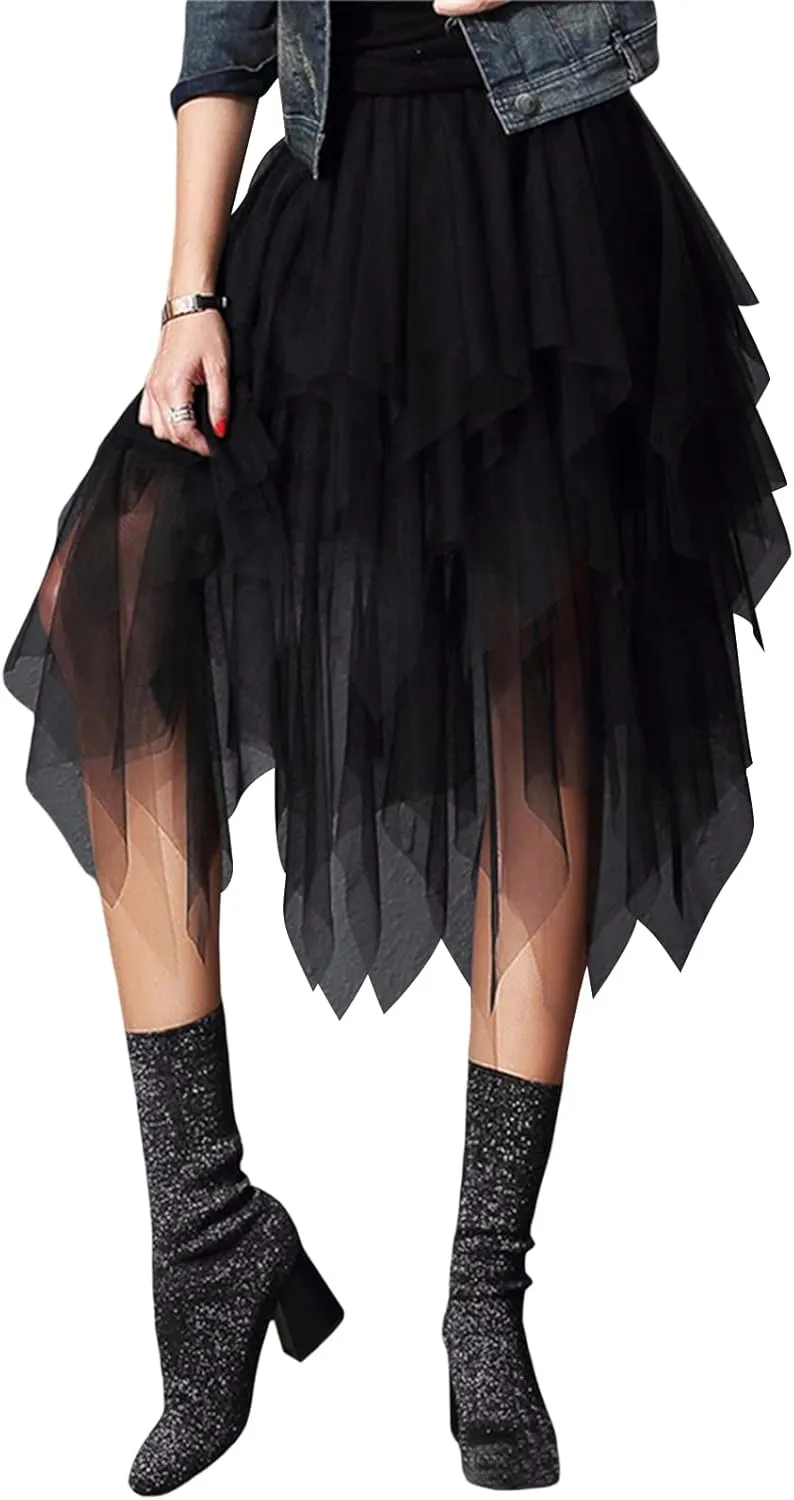Women's Mesh Tulle Skirt Irregular Layered Pleated Ballet Multilayer Asymmetric Midi Tutu Underskirt Streetwear