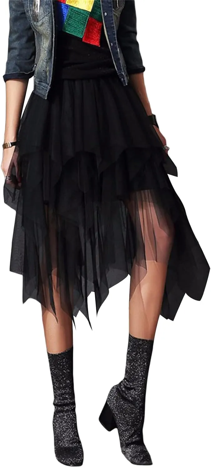 Women's Mesh Tulle Skirt Irregular Layered Pleated Ballet Multilayer Asymmetric Midi Tutu Underskirt Streetwear