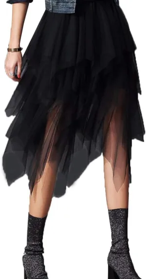 Women's Mesh Tulle Skirt Irregular Layered Pleated Ballet Multilayer Asymmetric Midi Tutu Underskirt Streetwear