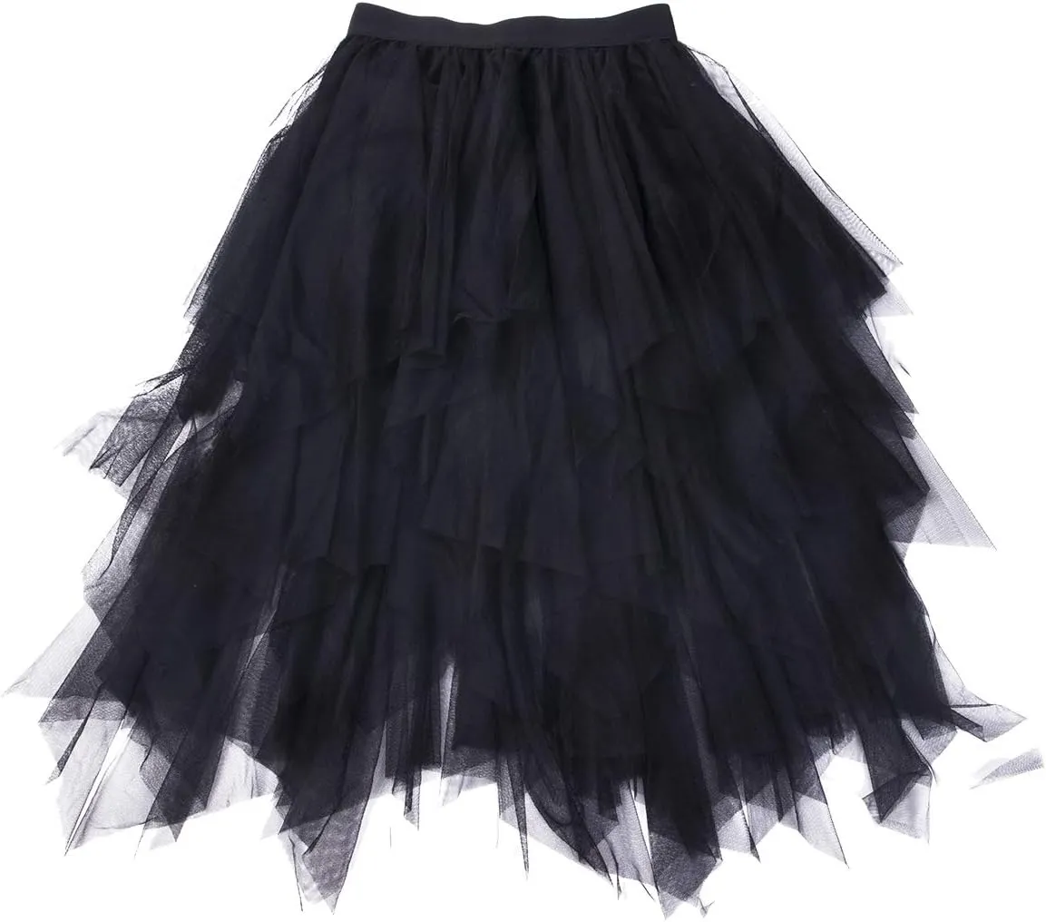 Women's Mesh Tulle Skirt Irregular Layered Pleated Ballet Multilayer Asymmetric Midi Tutu Underskirt Streetwear