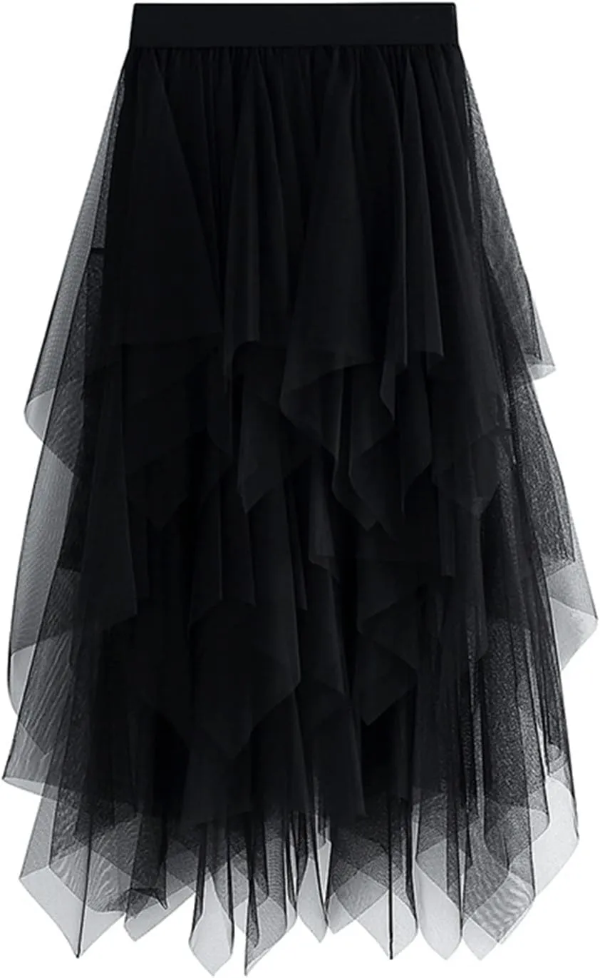 Women's Mesh Tulle Skirt Irregular Layered Pleated Ballet Multilayer Asymmetric Midi Tutu Underskirt Streetwear