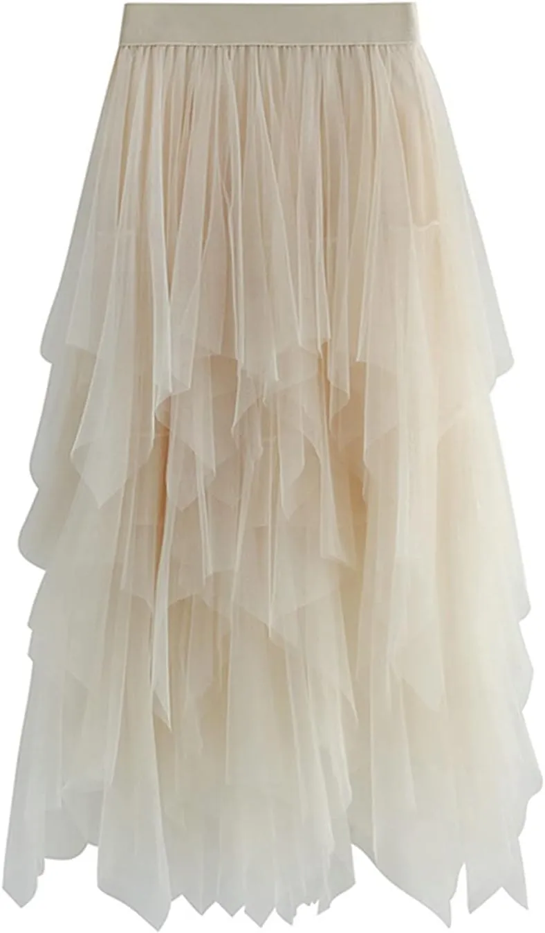 Women's Mesh Tulle Skirt Irregular Layered Pleated Skirt Ballet Multilayer Asymmetric Midi Tutu Underskirt Streetwear