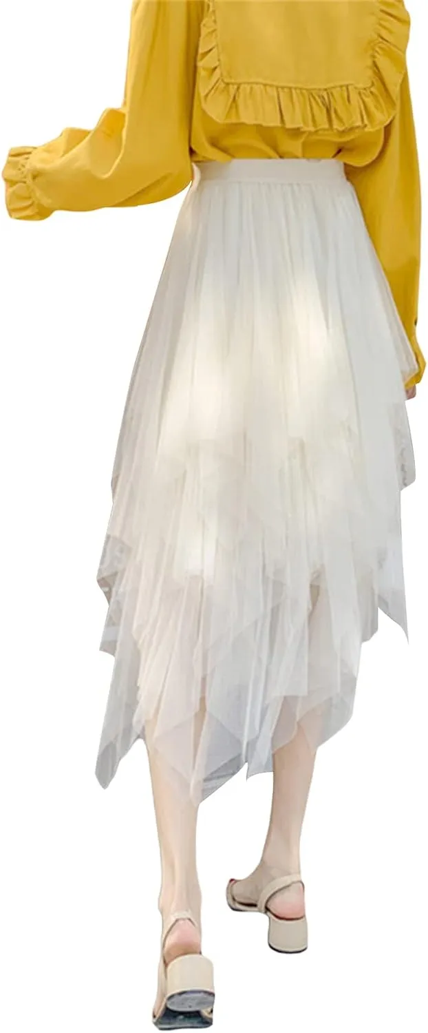 Women's Mesh Tulle Skirt Irregular Layered Pleated Skirt Ballet Multilayer Asymmetric Midi Tutu Underskirt Streetwear