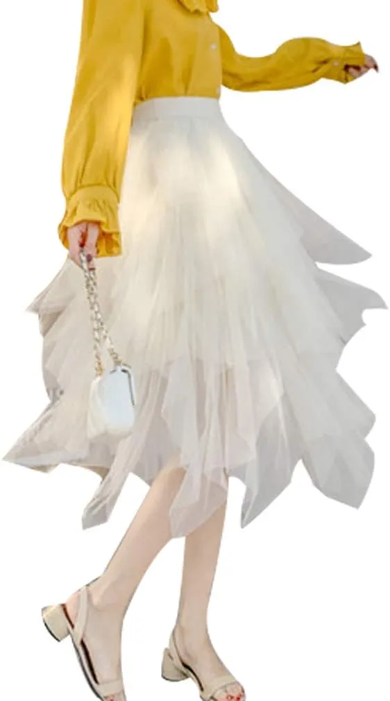 Women's Mesh Tulle Skirt Irregular Layered Pleated Skirt Ballet Multilayer Asymmetric Midi Tutu Underskirt Streetwear