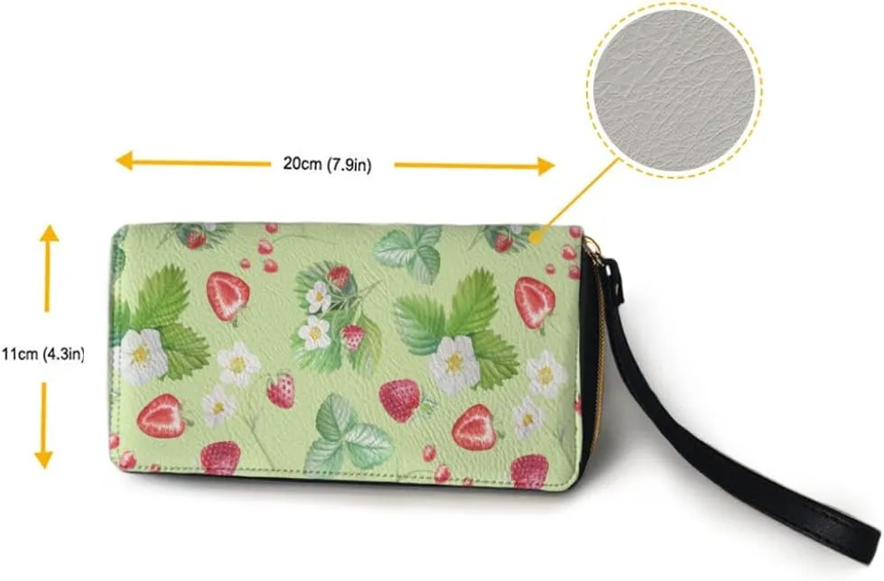 Women's Multicolor Strawberry Fruits Floral Leaves Zip Around Wallet Wristlet Wallet Clutch Purse Leather Card Holder Phone Holder One Size