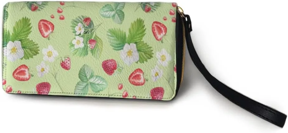 Women's Multicolor Strawberry Fruits Floral Leaves Zip Around Wallet Wristlet Wallet Clutch Purse Leather Card Holder Phone Holder One Size