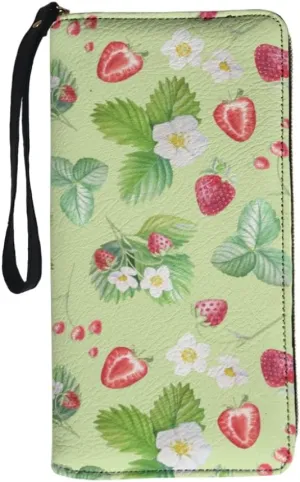 Women's Multicolor Strawberry Fruits Floral Leaves Zip Around Wallet Wristlet Wallet Clutch Purse Leather Card Holder Phone Holder One Size