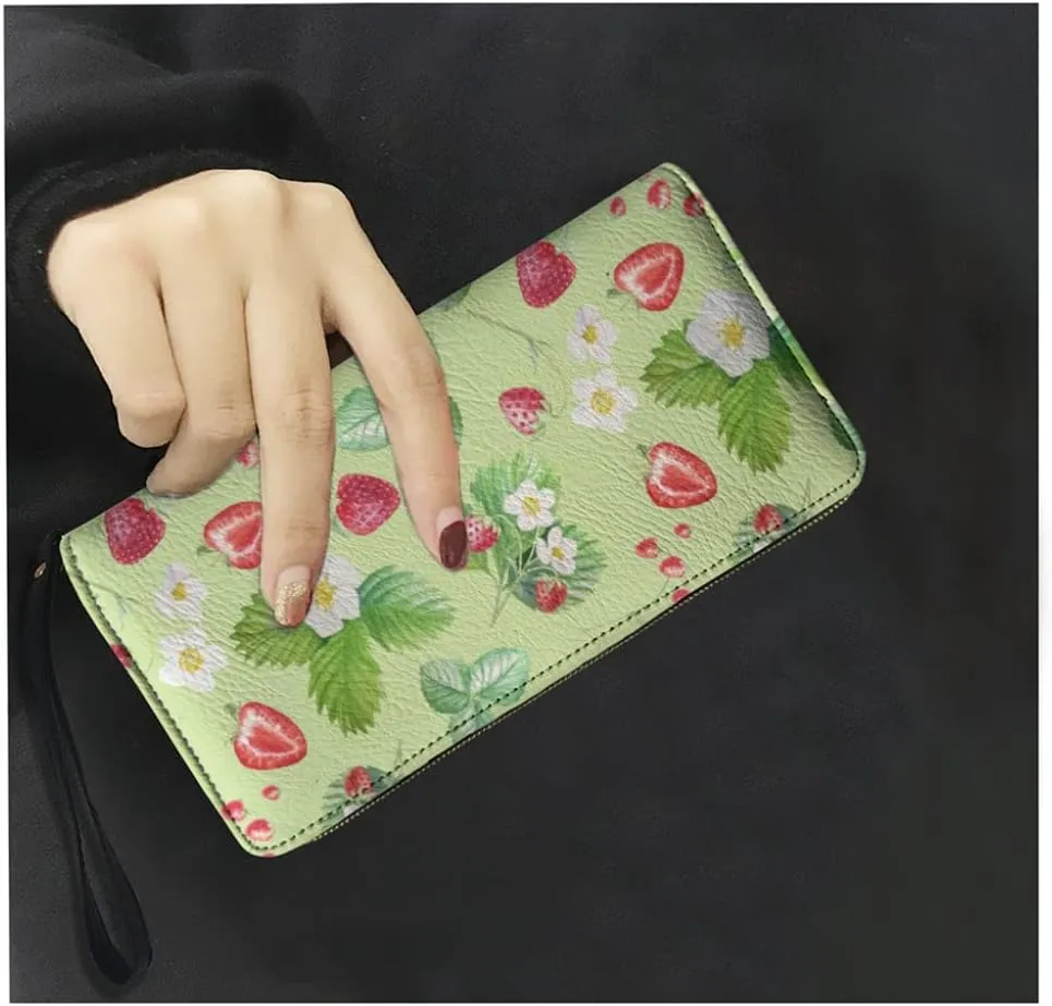Women's Multicolor Strawberry Fruits Floral Leaves Zip Around Wallet Wristlet Wallet Clutch Purse Leather Card Holder Phone Holder One Size
