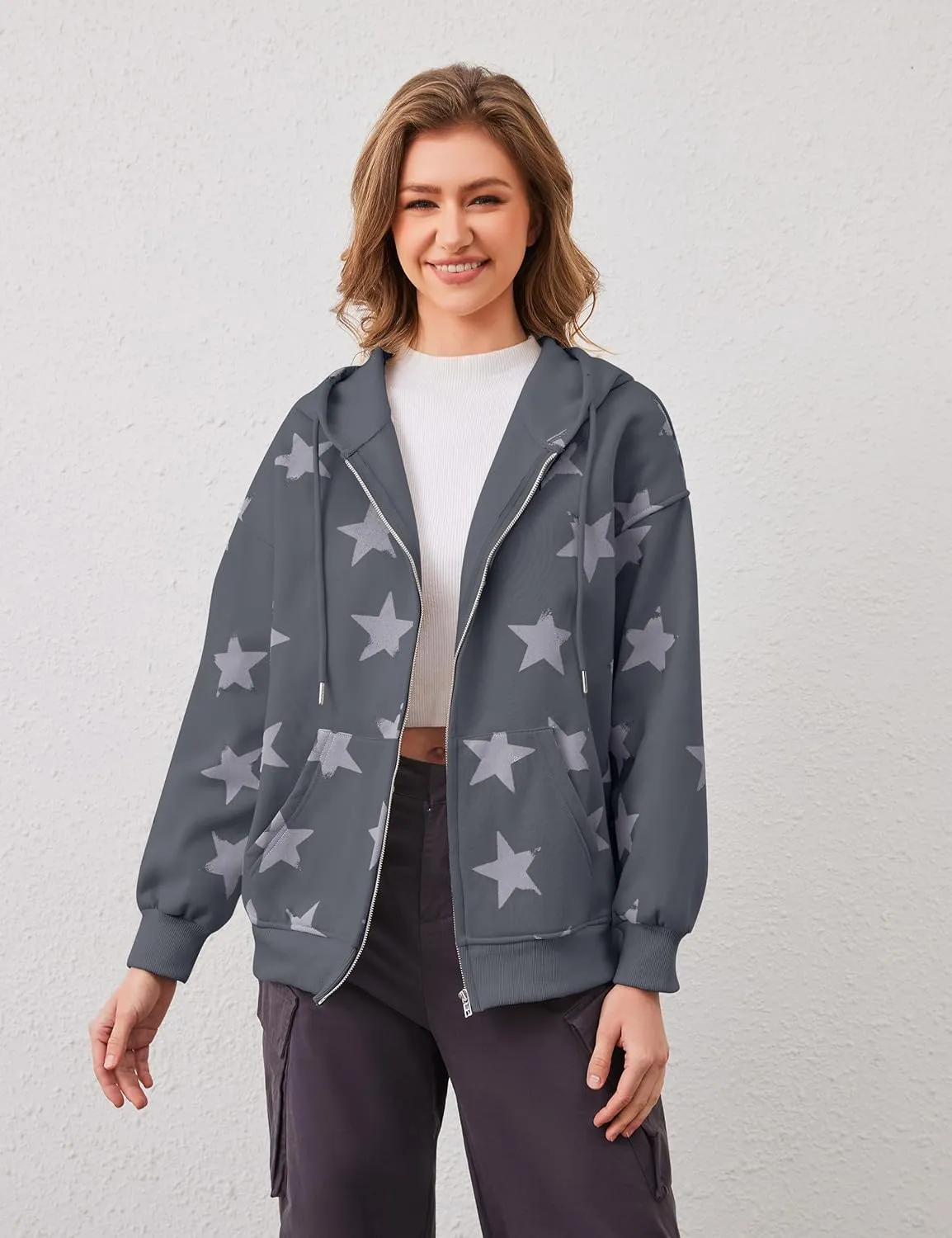 Women's Oversized Star Graphic Zip-Up Hoodie, Casual Sweatshirt, Streetwear Zipper Preppy Hoodie With Pockets