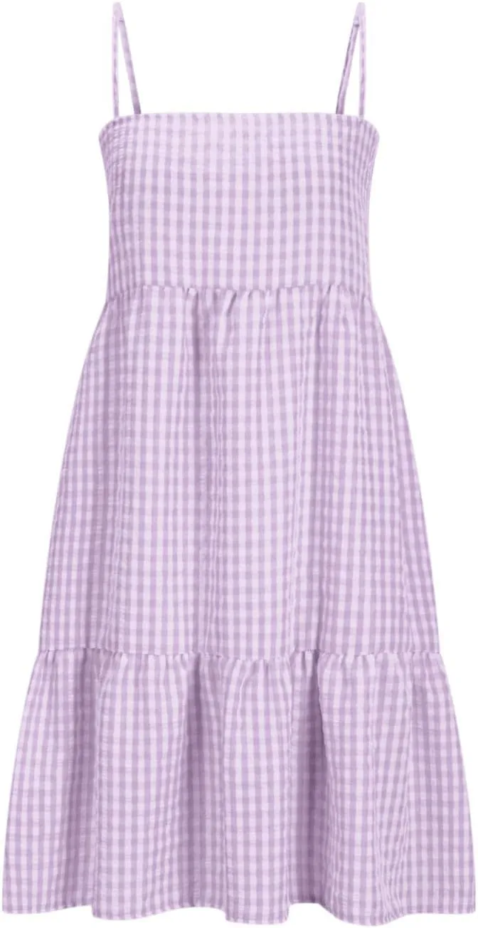 Womens Plaid A-Line Tank Dresses Spaghetti Straps Tiered Ruffle Hem Swing Flowy Casual Mini Dress with Side Pockets